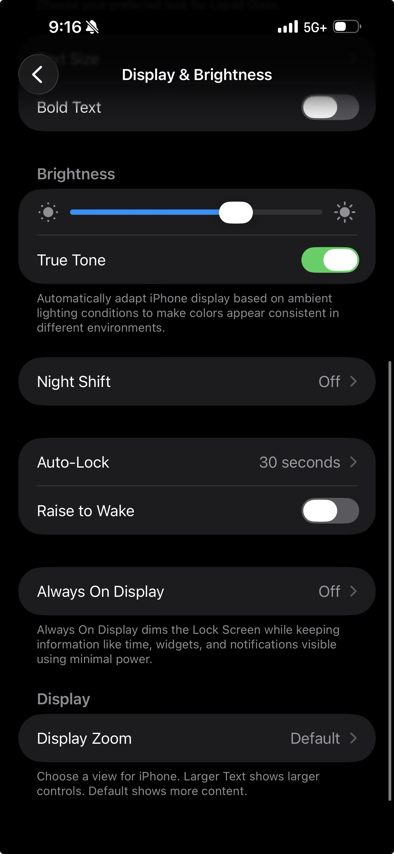 iOS Display and Brightness settings screen with Raise to Wake off and Auto-Lock set to 30 seconds.