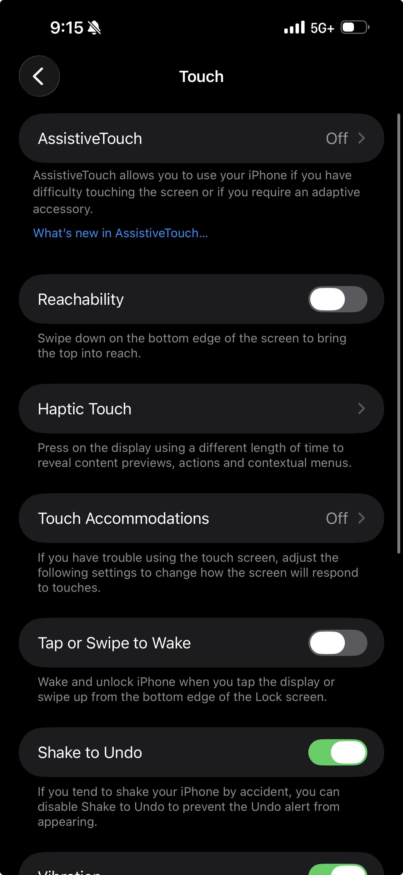 iOS Accessibility Touch settings screen with the Tap or Swipe to Wake toggle in the off position.